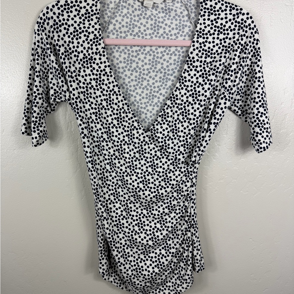 Boden Women’s Polka Dot Wrap Top Size 2 Black White V-Neck Ruched Stretch